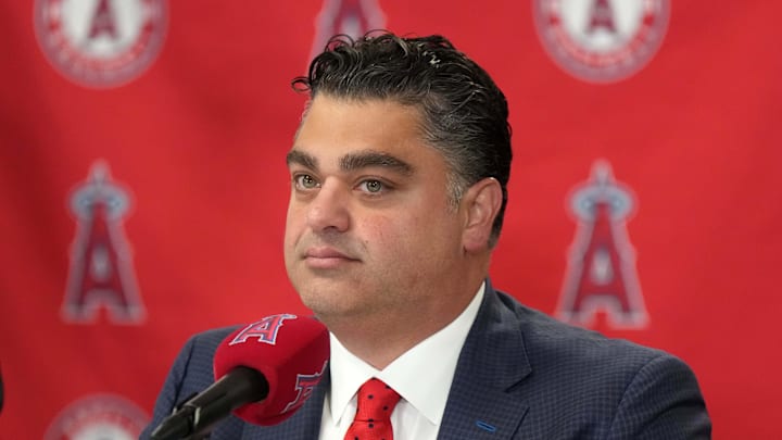 Nov 15, 2023; Anaheim, CA, USA; Los Angeles Angels general manager Perry Minasian at press conference at Angel Stadium of Anaheim. Mandatory Credit: Kirby Lee-Imagn Images
