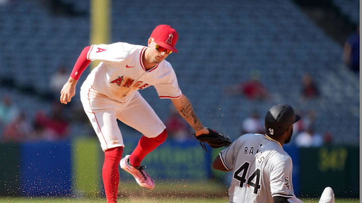 Sep 18, 2024; Anaheim, California, USA; Los Angeles Angels shortstop Zach Neto (9) tags out Chicago White Sox third baseman Bryan Ramos (44) out at second base in the 10th inning at Angel Stadium. Mandatory Credit: Kirby Lee-Imagn Images Sep 18, 2024; Anaheim, California, USA; Los Angeles Angels shortstop Zach Neto (9) tags out Chicago White Sox third baseman Bryan Ramos (44) out at second base in the 10th inning at Angel Stadium. Mandatory Credit: Kirby Lee-Imagn Images
