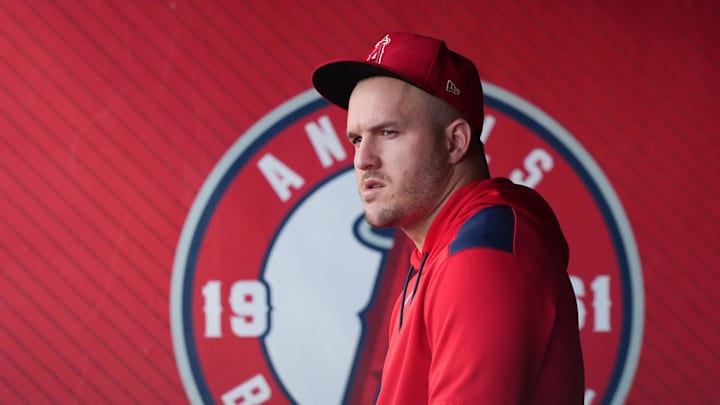 May 9, 2025; Anaheim, California, USA; Los Angeles Angels right fielder Mike Trout watches in the dugout during the game at bat at Angel Stadium. Mandatory Credit: Kirby Lee-Imagn Images