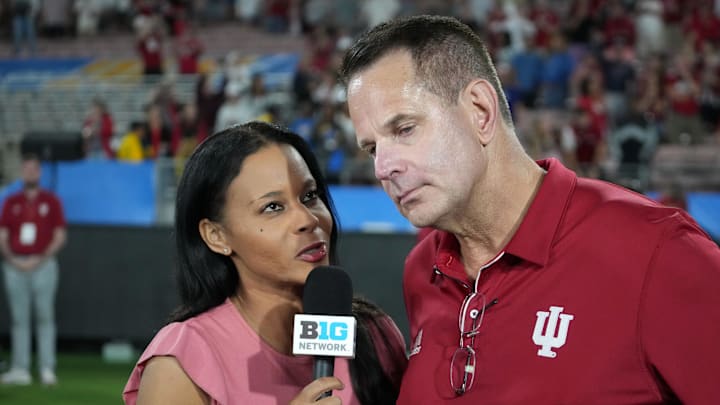 Big Ten Network sideline reporter Drea Avent interviews Indiana Hoosiers head coach Curt Cignetti after the game against the UCLA Bruins at Rose Bowl.