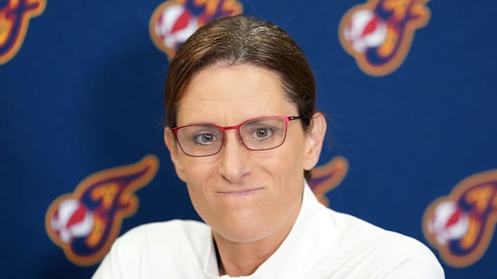 Aug 5, 2025; Los Angeles, California, USA; Indiana Fever coach Stephanie White at press conference at the Crypto.com Arena. Mandatory Credit: Kirby Lee-Imagn Images