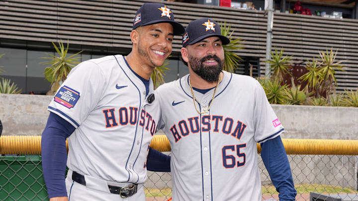 Apr 27, 2024; Mexico City, Mexico; Houston Astros players Jeremy Pena (3) and Jose Urquidy (65).
