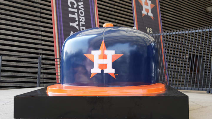 Apr 27, 2024; Mexico City, Mexico; A large Houston Astros helmet at the MLB World Tour Mexico Series game at Estadio Alfredo Harp Helu. Mandatory Credit: Kirby Lee-Imagn Images