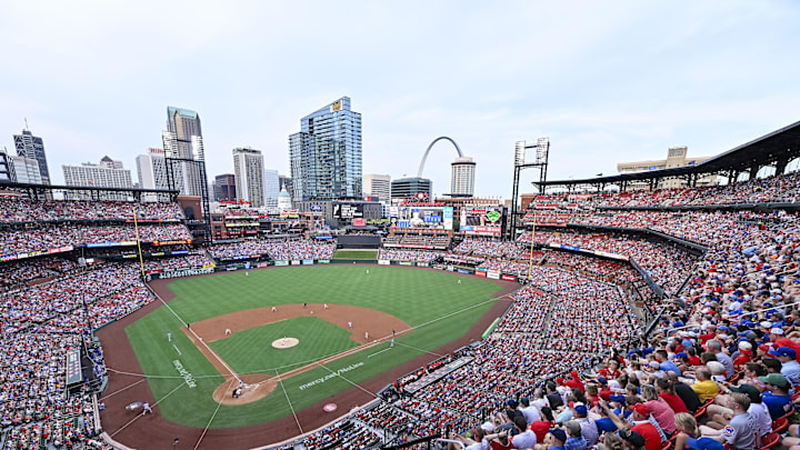 Aug 9, 2025; St. Louis, Missouri, USA;  A general view of Busch Stadium during the second inning of a game between the St. Louis Cardinals and the Chicago Cubs. Mandatory Credit: Jeff Curry-Imagn Images