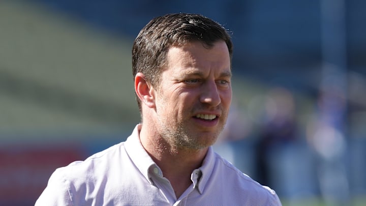 May 31, 2022; Los Angeles, California, USA; Los Angeles Dodgers president of baseball operations Andrew Friedman reacts during the game against the Pittsburgh Pirates  at Dodger Stadium. Mandatory Credit: Kirby Lee-Imagn Images