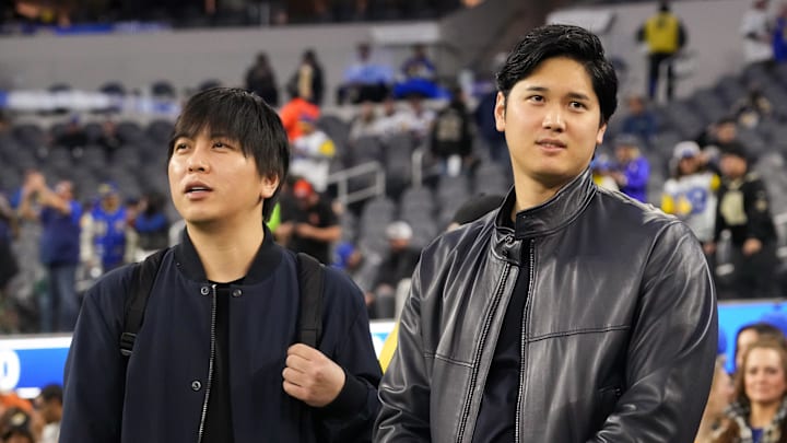 Dec 21, 2023; Inglewood, California, USA; Los Angeles Dodgers player Shohei Ohtani (right) and interpreter Ippei Mizuhara attend the game between the Los Angeles Rams and the New Orleans Saints at SoFi Stadium. Mandatory Credit: Kirby Lee-Imagn Images Dec 21, 2023; Inglewood, California, USA; Los Angeles Dodgers player Shohei Ohtani (right) and interpreter Ippei Mizuhara attend the game between the Los Angeles Rams and the New Orleans Saints at SoFi Stadium. Mandatory Credit: Kirby Lee-Imagn Images