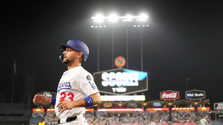 Apr 29, 2025; Los Angeles, California, USA; Los Angeles Dodgers left fielder Michael Conforto (23) returns to the dugout after scoring in the third inning against the Miami Marlins at Dodger Stadium. Mandatory Credit: Kirby Lee-Imagn Images Apr 29, 2025; Los Angeles, California, USA; Los Angeles Dodgers left fielder Michael Conforto (23) returns to the dugout after scoring in the third inning against the Miami Marlins at Dodger Stadium. Mandatory Credit: Kirby Lee-Imagn Images