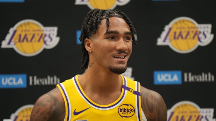 Sep 30, 2024; El Segundo, CA, USA; Los Angeles Lakers  guard Jalen Hood-Schifino (0) during media day at the UCLA Health Training Center. Mandatory Credit: Kirby Lee-Imagn Images