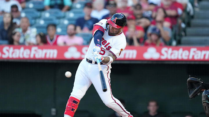 Los Angeles Angels third baseman Yoan Moncada (5) hits a two-run home run in the first inning against the Arizona Diamondbacks at Angel Stadium on July 11. Los Angeles Angels third baseman Yoan Moncada (5) hits a two-run home run in the first inning against the Arizona Diamondbacks at Angel Stadium on July 11.