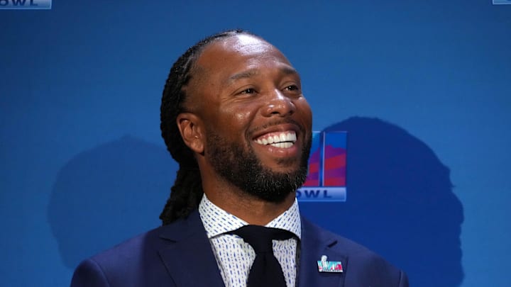 Feb 13, 2023; Phoenix, AZ, USA; Larry Fitzgerald at the Super Bowl Host Committee Handoff press conference at the Phoenix Convention Center. Mandatory Credit: Kirby Lee-Imagn Images