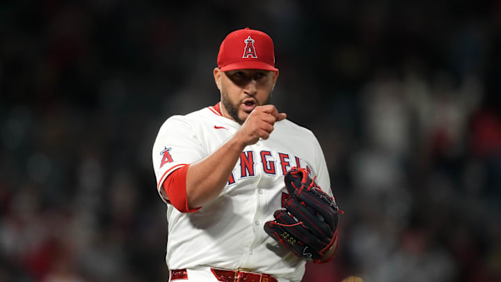 Jun 3, 2024; Anaheim, California, USA; Los Angeles Angels pitcher Carlos Estévez (53) celebrates after the game against the San Diego Padres at Angel Stadium. Mandatory Credit: Kirby Lee-Imagn Images