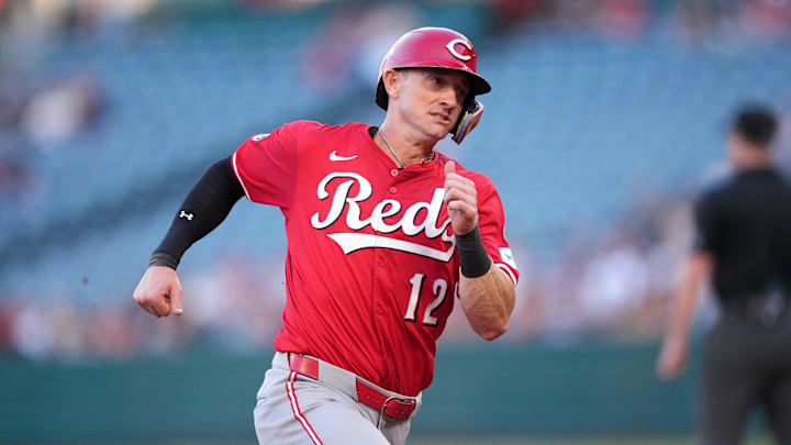 Aug 18, 2025; Anaheim, California, USA; Cincinnati Reds left fielder Austin Hays (12) runs to first base in the first inning against the Los Angeles Angels at Angel Stadium. Mandatory Credit: Kirby Lee-Imagn Images Aug 18, 2025; Anaheim, California, USA; Cincinnati Reds left fielder Austin Hays (12) runs to first base in the first inning against the Los Angeles Angels at Angel Stadium. Mandatory Credit: Kirby Lee-Imagn Images