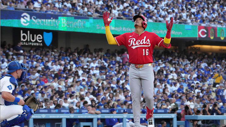 Aug 27, 2025; Los Angeles, California, USA; Cincinnati Reds right fielder Noelvi Marte (16) crosses home plate after hitting a home run in the third inning as Los Angeles Dodgers catcher Dalton Rushing (68) watches at Dodger Stadium. Mandatory Credit: Kirby Lee-Imagn Images Aug 27, 2025; Los Angeles, California, USA; Cincinnati Reds right fielder Noelvi Marte (16) crosses home plate after hitting a home run in the third inning as Los Angeles Dodgers catcher Dalton Rushing (68) watches at Dodger Stadium. Mandatory Credit: Kirby Lee-Imagn Images