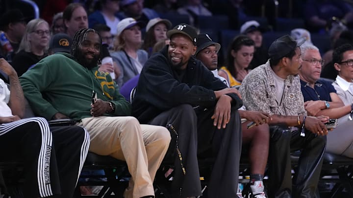 May 23, 2025; Los Angeles, California, USA; Kevin Durant attends the game between the Golden State Valkyries and the LA Sparks  at Crypto.com Arena. Mandatory Credit: Kirby Lee-Imagn Images