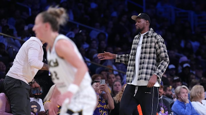 May 25, 2025; Los Angeles, California, USA; Kevin Durant attends the WNBA game between the Chicago Sky and the LA Sparks at Crypto.com Arena. Mandatory Credit: Kirby Lee-Imagn Images