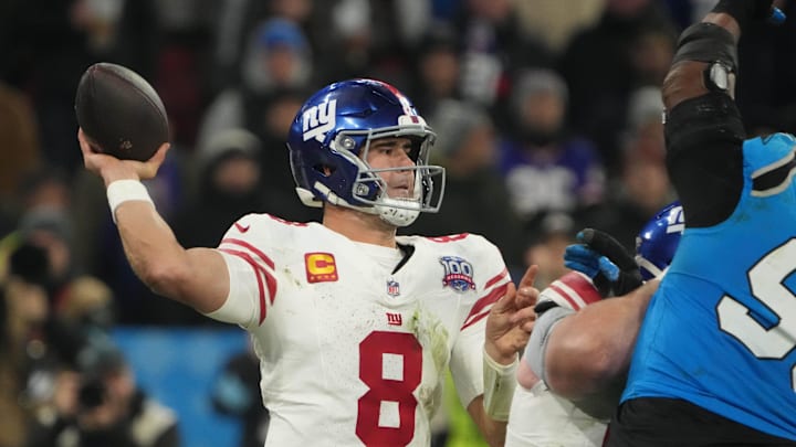New York Giants quarterback Daniel Jones throws the ball against the Carolina Panthers  in the second half at Allianz Arena in Munich, Germany, on Nov. 10, 2024.