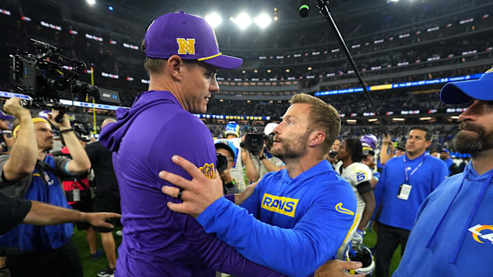 Oct 24, 2024; Inglewood, California, USA; Minnesota Vikings coach Kevin O'Connell (left) and Los Angeles Rams coach Sean McVay shake hands after the game at SoFi Stadium. Mandatory Credit: Kirby Lee-Imagn Images