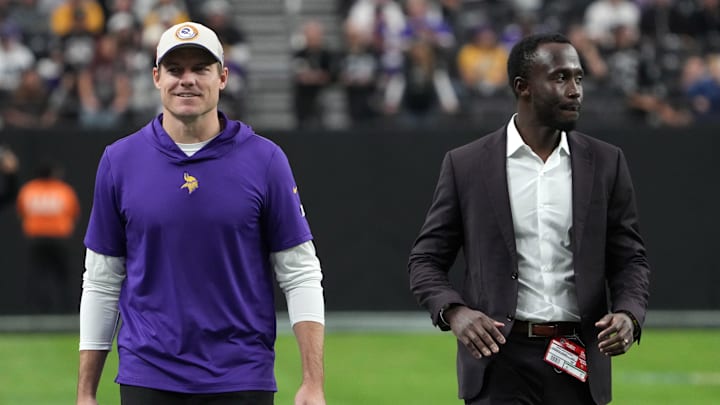 Dec 10, 2023; Paradise, Nevada, USA; Minnesota Vikings coach Kevin O'Connell (left) and general manager Kwesi Adofo-Mensah react during the game against the Minnesota Vikings at Allegiant Stadium. Mandatory Credit: Kirby Lee-Imagn Images