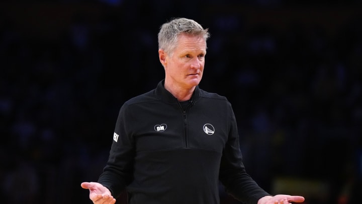Apr 9, 2024; Los Angeles, California, USA; Golden State Warriors coach Steve Kerr reacts in the first half against the Los Angeles Lakers at Crypto.com Arena. Apr 9, 2024; Los Angeles, California, USA; Golden State Warriors coach Steve Kerr reacts in the first half against the Los Angeles Lakers at Crypto.com Arena.