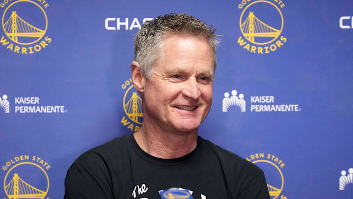 Golden State Warriors coach Steve Kerr at a press conference during the game against the Los Angeles Lakers at Crypto.com Arena. Mandatory Credit: Kirby Lee-Imagn Images
