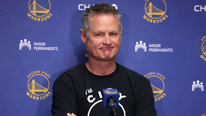 Apr 9, 2024; Los Angeles, California, USA; Golden State Warriors coach Steve Kerr at a press conference during the game against the Los Angeles Lakers at Crypto.com Arena.