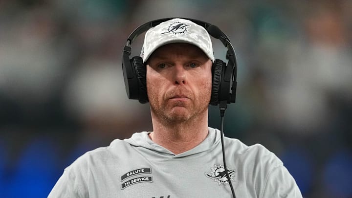 Nov 11, 2024; Inglewood, California, USA; Miami Dolphins offensive line coach Butch Barry against the Los Angeles Rams in the first half at SoFi Stadium. 