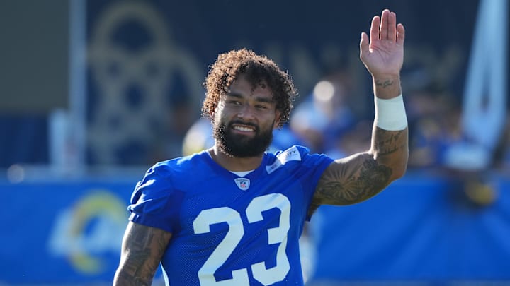 Jul 23, 2025; Los Angeles, CA, USA; Los Angeles Rams running back Kyren Williams (23) during training camp at Loyola Marymount University. Mandatory Credit: Kirby Lee-Imagn Images