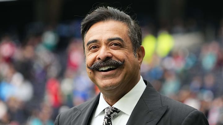 Oct 17, 2021; London, England, United Kingdom; Jacksonville Jaguars owner Shad Khan (Shahid Khan) watches from the sidelines during an NFL International Series game against the Miami Dolphins at Tottenham Hotspur Stadium. Mandatory Credit: Kirby Lee-Imagn Images