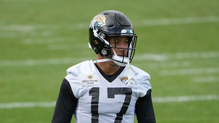 Oct 5, 2023; Ware, United Kingdom; Jacksonville Jaguars tight end Evan Engram (17) during practice at Hanbury Manor Marriott. Mandatory Credit: Kirby Lee-Imagn Images