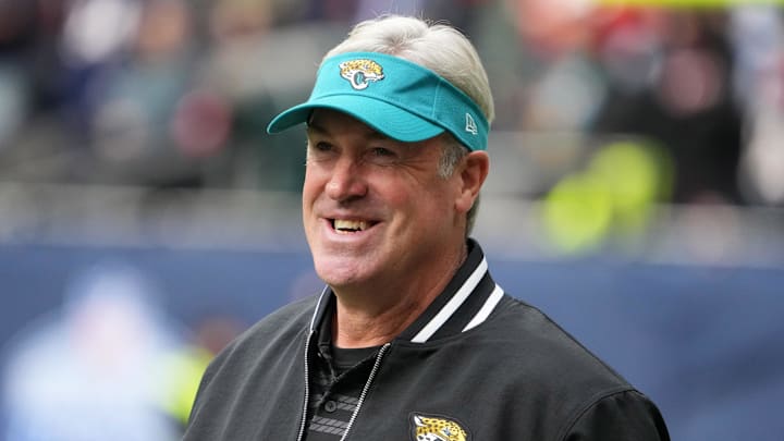 Oct 13, 2024; London, United Kingdom; Jacksonville Jaguars coach Doug Pederson reacts during the first half against the Chicago Bears during an NFL International Series game at Tottenham Hotspur Stadium. Mandatory Credit: Kirby Lee-Imagn Images