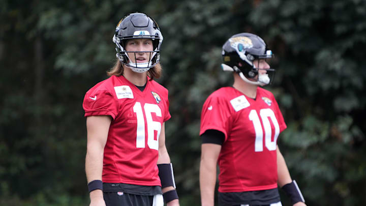 Oct 16, 2024; Watford, United Kingdom; Jacksonville Jaguars quarterback Trevor Lawrence (16) and quarterback Mac Jones (10) during practice at The Grove. Mandatory Credit: Kirby Lee-Imagn Images