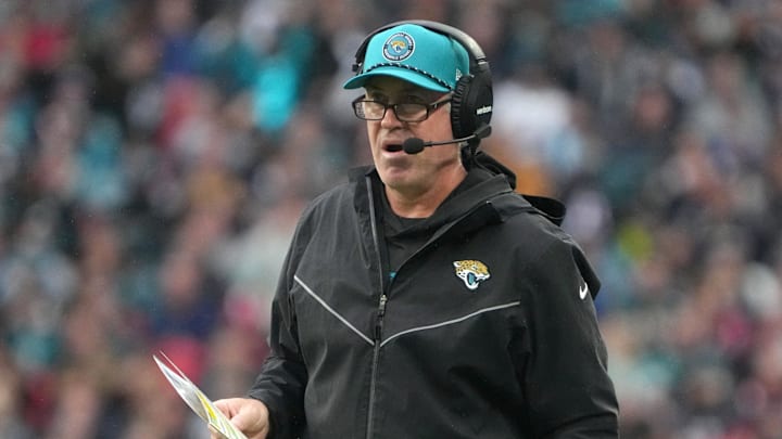 Oct 20, 2024; London, United Kingdom; Jacksonville Jaguars coach Doug Pederson watches from the sidelines against the New England Patriots in the first half of an NFL International Series game at Wembley Stadium. Mandatory Credit: Kirby Lee-Imagn Images Oct 20, 2024; London, United Kingdom; Jacksonville Jaguars coach Doug Pederson watches from the sidelines against the New England Patriots in the first half of an NFL International Series game at Wembley Stadium. Mandatory Credit: Kirby Lee-Imagn Images