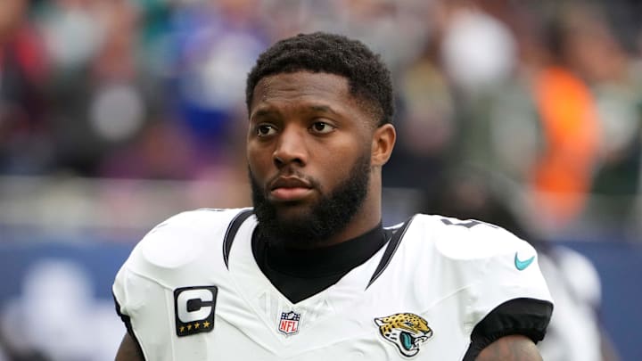 Oct 13, 2024; London, United Kingdom; Jacksonville Jaguars defensive end Josh Hines-Allen (41) during an NFL International Series game against the Chicago Bears at Tottenham Hotspur Stadium. Mandatory Credit: Kirby Lee-Imagn Images