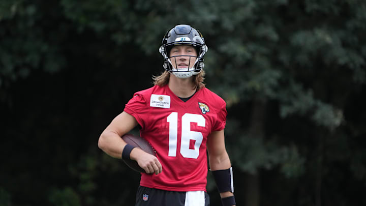Oct 16, 2024; Watford, United Kingdom; Jacksonville Jaguars quarterback Trevor Lawrence (16) during practice at The Grove. Mandatory Credit: Kirby Lee-Imagn Images