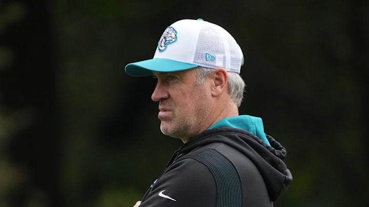 Oct 16, 2024; Watford, United Kingdom; Jacksonville Jaguars coach Doug Pederson during practice at The Grove. Mandatory Credit: Kirby Lee-Imagn Images