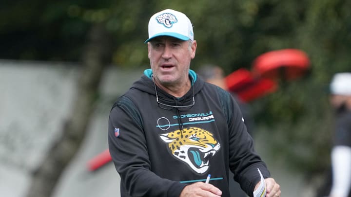 Oct 12, 2024; Watford, United Kingdom; Jacksonville Jaguars coach Doug Pederson during practice at The Grove. Mandatory Credit: Kirby Lee-Imagn Images