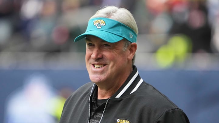 Oct 13, 2024; London, United Kingdom; Jacksonville Jaguars coach Doug Pederson reacts against the Chicago Bears in the first half during an NFL International Series game at Tottenham Hotspur Stadium. Mandatory Credit: Kirby Lee-Imagn Images Oct 13, 2024; London, United Kingdom; Jacksonville Jaguars coach Doug Pederson reacts against the Chicago Bears in the first half during an NFL International Series game at Tottenham Hotspur Stadium. Mandatory Credit: Kirby Lee-Imagn Images