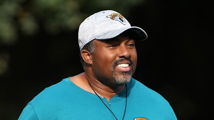 Oct 17, 2024; Watford, United Kingdom; Jacksonville Jaguars running backs coach Jerry Mack during practice at The Grove. Mandatory Credit: Kirby Lee-Imagn Images