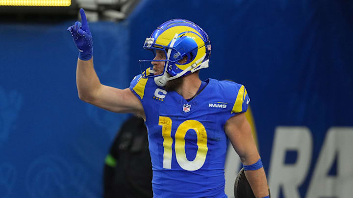 Dec 17, 2023; Inglewood, California, USA; Los Angeles Rams wide receiver Cooper Kupp (10) celebrates after a touchdown in the third quarter against the Washington Commanders at SoFi Stadium. Mandatory Credit: Kirby Lee-Imagn Images