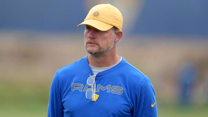 Aug 18, 2021; Thousand Oaks, CA, USA; Los Angeles Rams general manager Les Snead reacts during a joint practice against the Las Vegas Raiders. Mandatory Credit: Kirby Lee-Imagn Images Aug 18, 2021; Thousand Oaks, CA, USA; Los Angeles Rams general manager Les Snead reacts during a joint practice against the Las Vegas Raiders. Mandatory Credit: Kirby Lee-Imagn Images