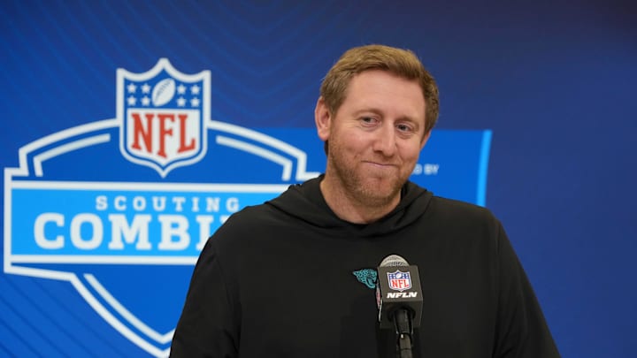 Feb 25, 2025; Indianapolis, IN, USA; Jacksonville Jaguars coach Liam Coen speaks during the NFL Scouting Combine at the Indiana Convention Center. Mandatory Credit: Kirby Lee-Imagn Images