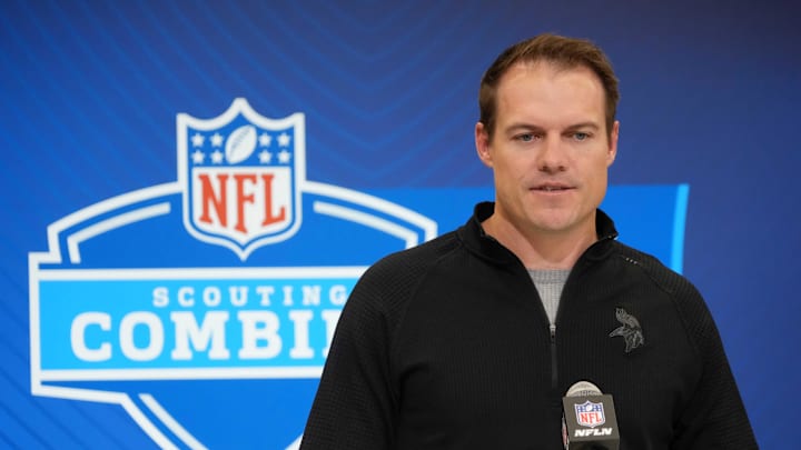 Feb 25, 2025; Indianapolis, IN, USA; Minnesota Vikings coach Kevin O'Connell speaks during the NFL Scouting Combine at the Indiana Convention Center. Mandatory Credit: Kirby Lee-Imagn Images