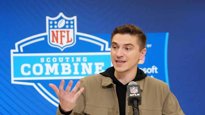 Feb 25, 2025; Indianapolis, IN, USA; Jacksonville Jaguars general manger James Gladstone speaks during the NFL Scouting Combine at the Indiana Convention Center. Mandatory Credit: Kirby Lee-Imagn Images