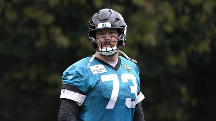 Oct 16, 2024; Watford, United Kingdom; Jacksonville Jaguars guard Blake Hance (73) during practice at The Grove. Mandatory Credit: Kirby Lee-Imagn Images Oct 16, 2024; Watford, United Kingdom; Jacksonville Jaguars guard Blake Hance (73) during practice at The Grove. Mandatory Credit: Kirby Lee-Imagn Images