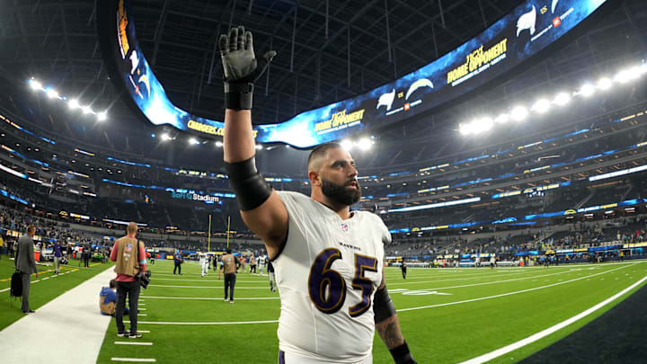 Nov 25, 2024; Inglewood, California, USA; Baltimore Ravens guard Patrick Mekari (65) leaves the field after the game against the Los Angeles Chargers at SoFi Stadium. Mandatory Credit: Kirby Lee-Imagn Images