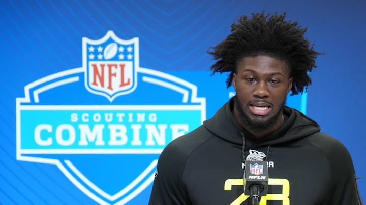 Feb 26, 2025; Indianapolis, IN, USA; Georgia linebacker Jalon Walker (LB28) during the 2025 NFL Scouting Combine at the Indiana Convention Center. Mandatory Credit: Kirby Lee-Imagn Images Feb 26, 2025; Indianapolis, IN, USA; Georgia linebacker Jalon Walker (LB28) during the 2025 NFL Scouting Combine at the Indiana Convention Center. Mandatory Credit: Kirby Lee-Imagn Images
