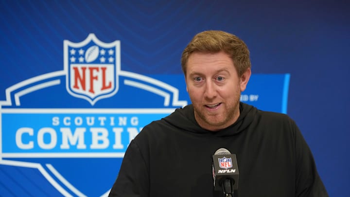 Feb 25, 2025; Indianapolis, IN, USA; Jacksonville Jaguars coach Liam Coen speaks during the NFL Scouting Combine at the Indiana Convention Center. Mandatory Credit: Kirby Lee-Imagn Images