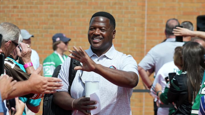 Aug 5, 2023; Canton, OH, USA; Leroy Butler arrives on the red carpet during the 2023 Pro Football Hall of Fame Enshrinement at Tom Benson Hall of Fame Stadium. Mandatory Credit: Kirby Lee-Imagn Images