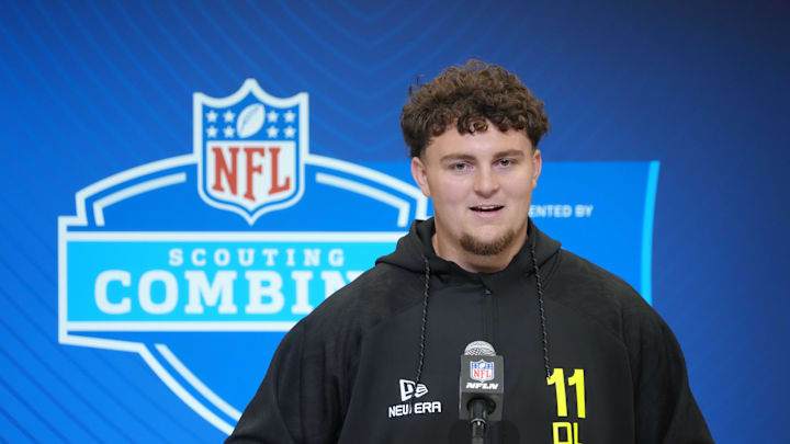Feb 26, 2025; Indianapolis, IN, USA; Michigan defensive lineman Mason Graham (DL11) during the 2025 NFL Scouting Combine at the Indiana Convention Center. Mandatory Credit: Kirby Lee-Imagn Images