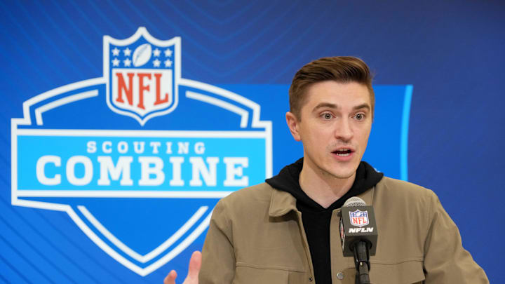 Feb 25, 2025; Indianapolis, IN, USA; Jacksonville Jaguars general manger James Gladstone speaks during the NFL Scouting Combine at the Indiana Convention Center. Mandatory Credit: Kirby Lee-Imagn Images